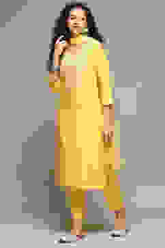 Yellow Rayon Straight Kurta Pants Suit Set image number 5