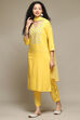 Yellow Rayon Straight Kurta Pants Suit Set image number 5