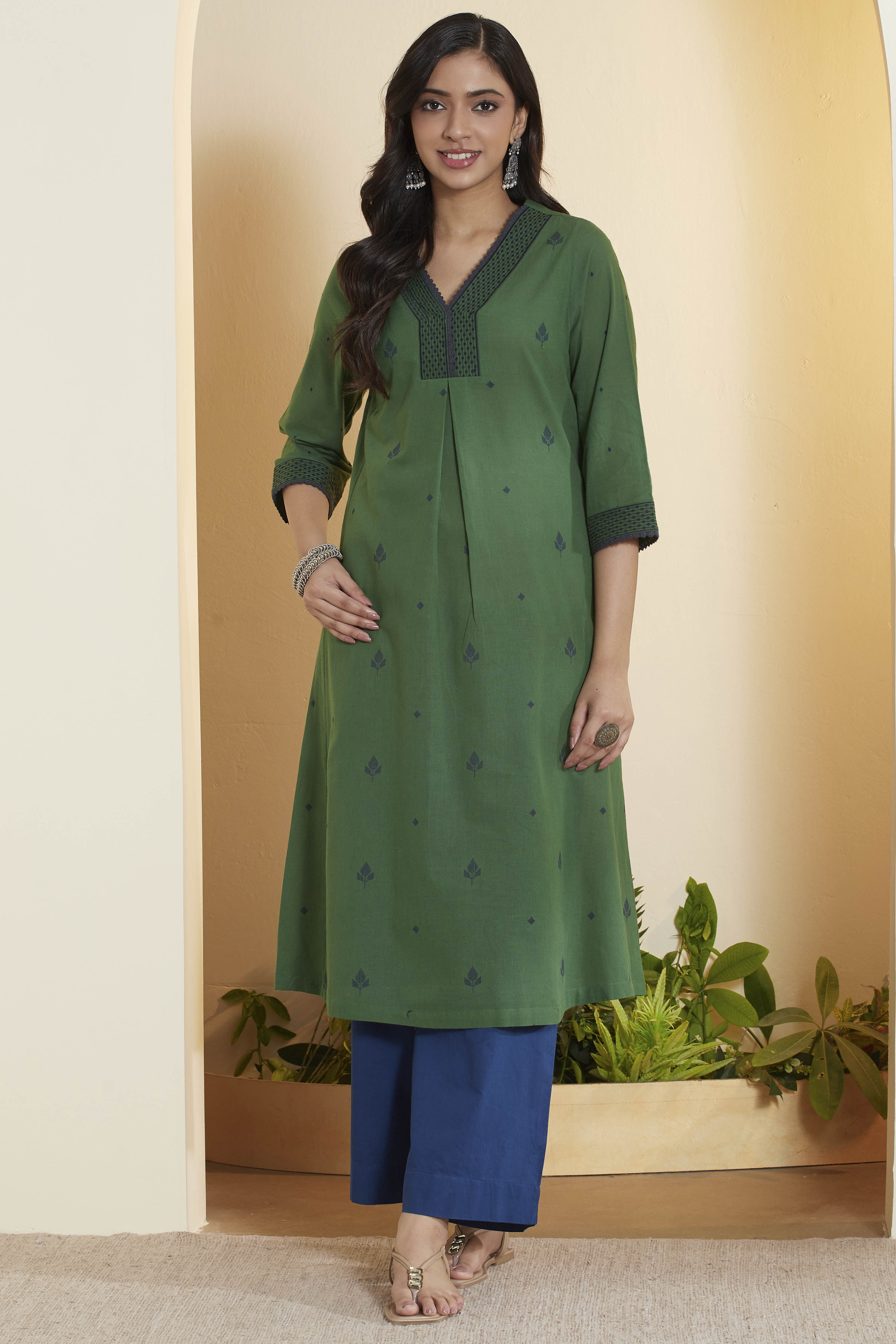 Green Cotton Printed Straight Kurta image number 6