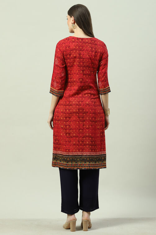 Red LIVA Straight Printed Kurta image number 4