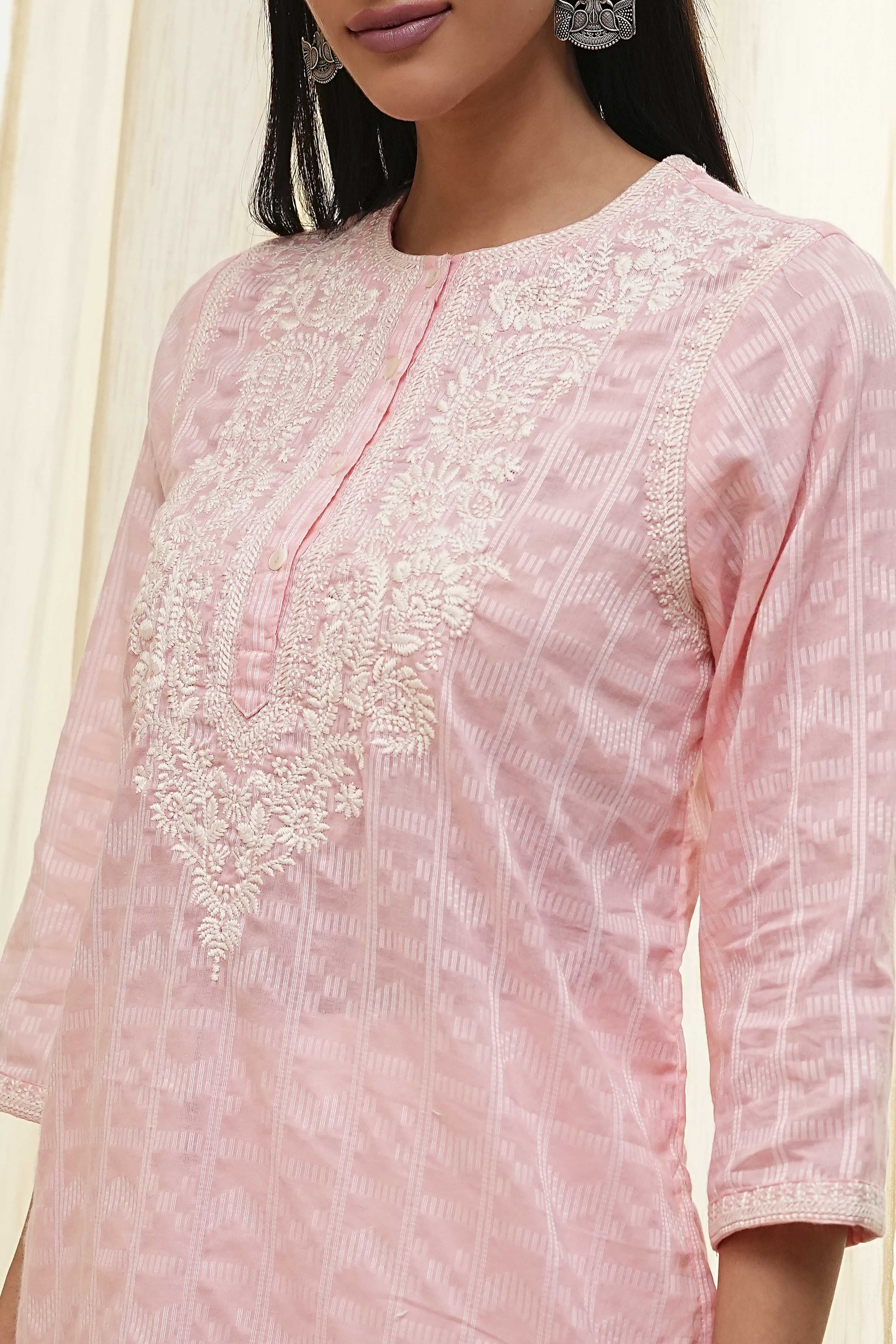 Pink Cotton Yarn Dyed Short Kurta image number 1