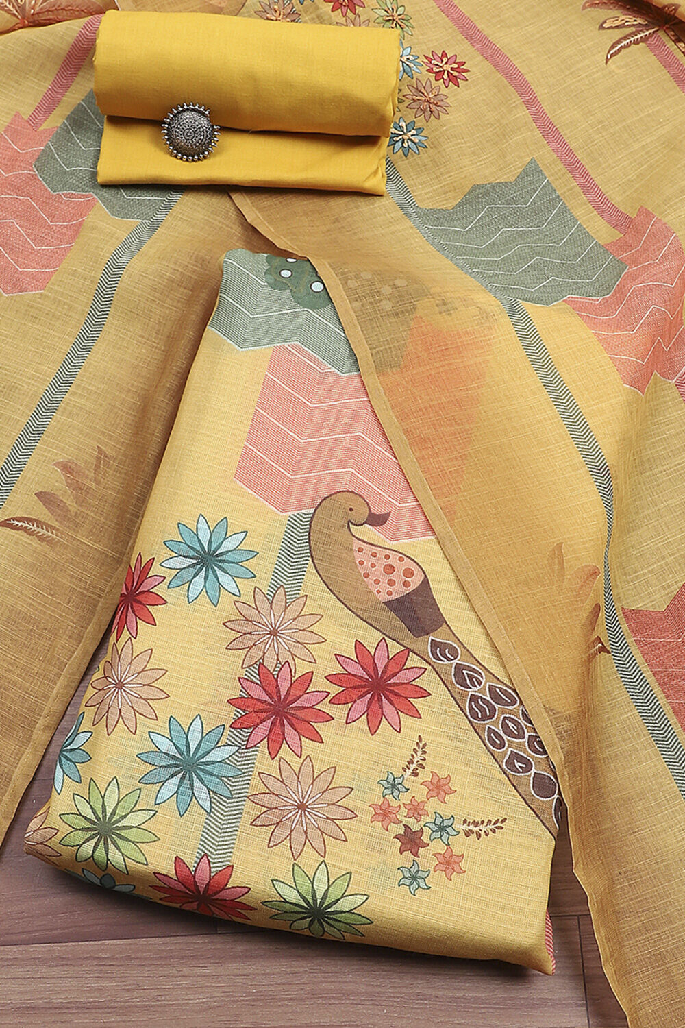 Navy Blue Chanderi Printed Unstitched Suit Set image number 0