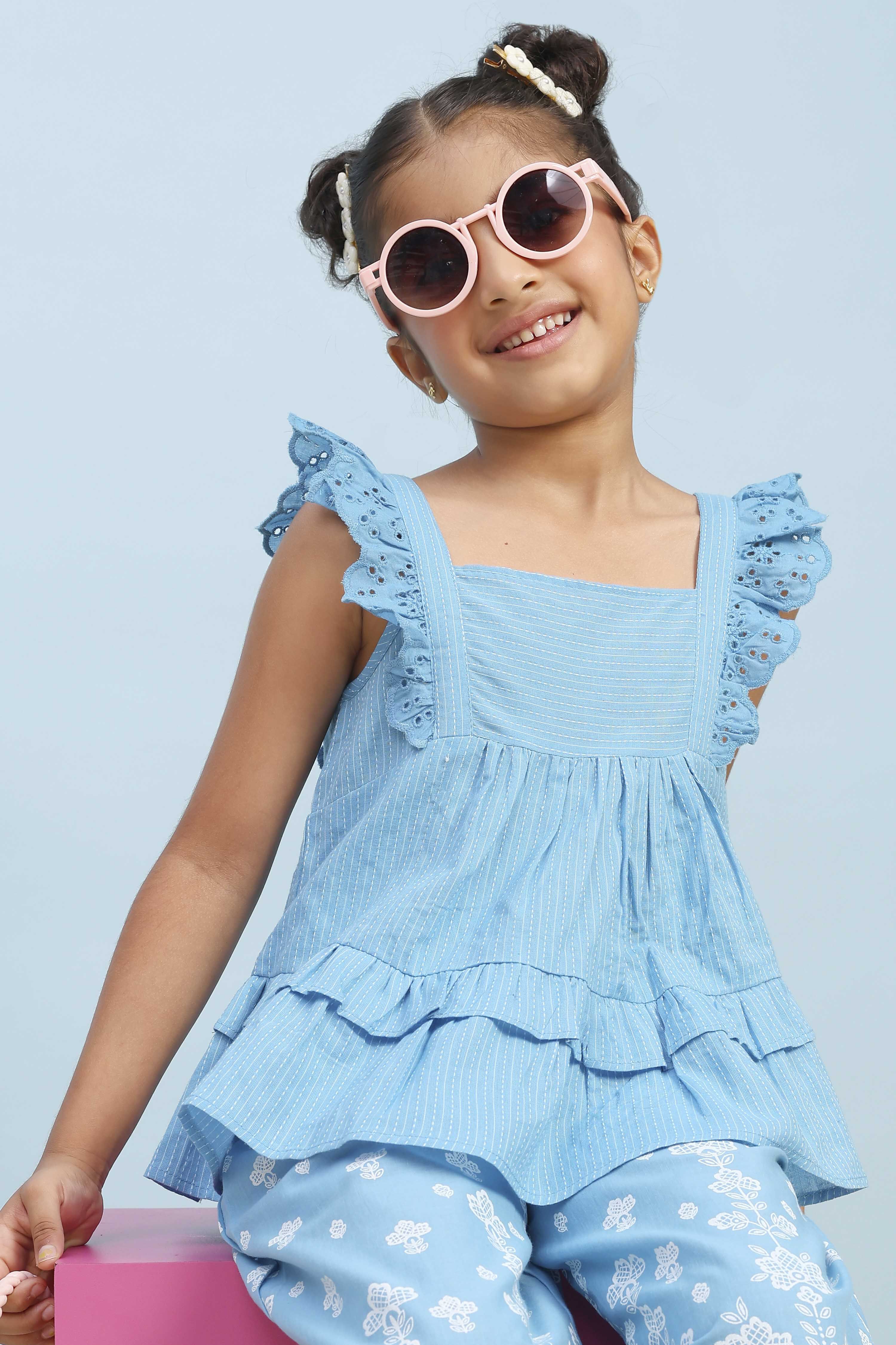 Blue Cotton Printed A-line Suit Set image number 1