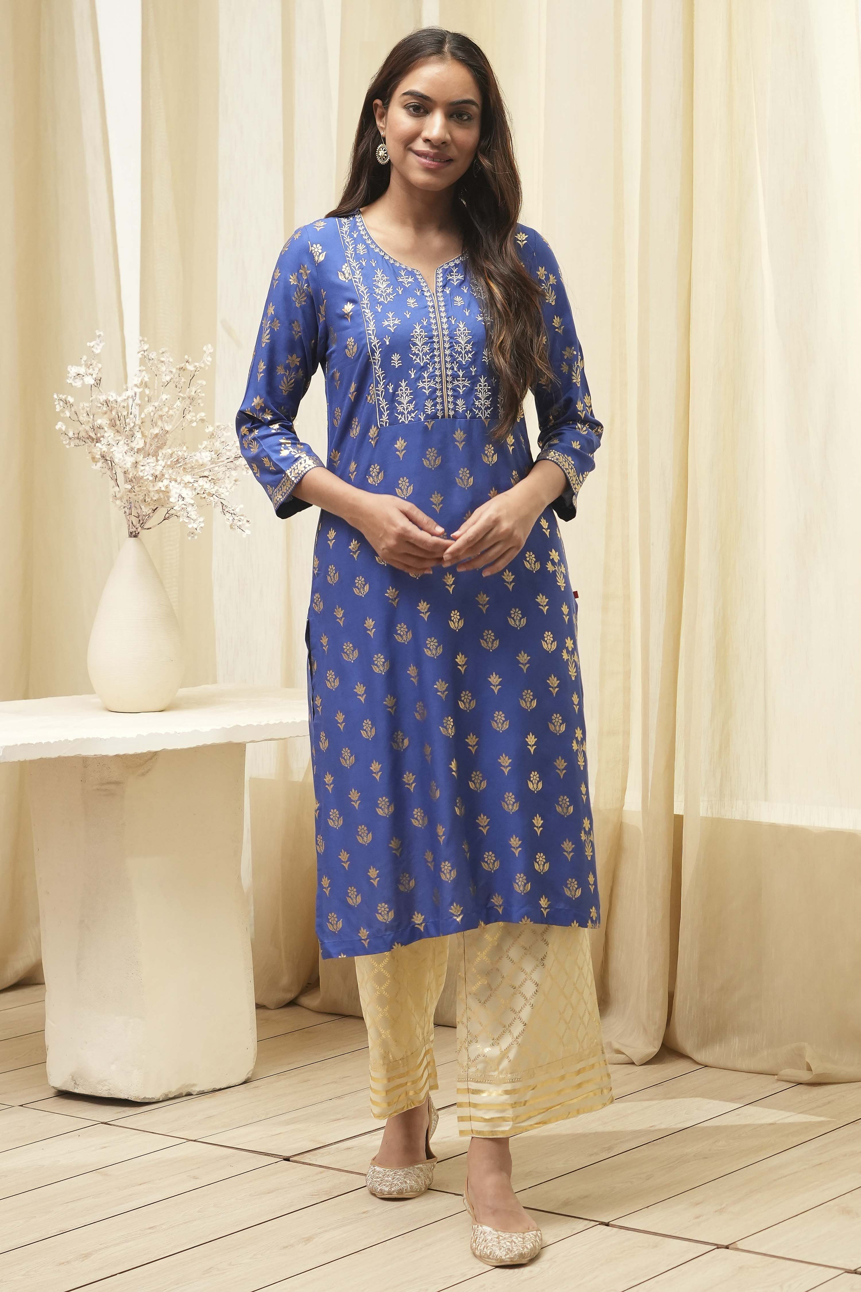Navy Blue Rayon Straight Kurta Pants Set image number 6