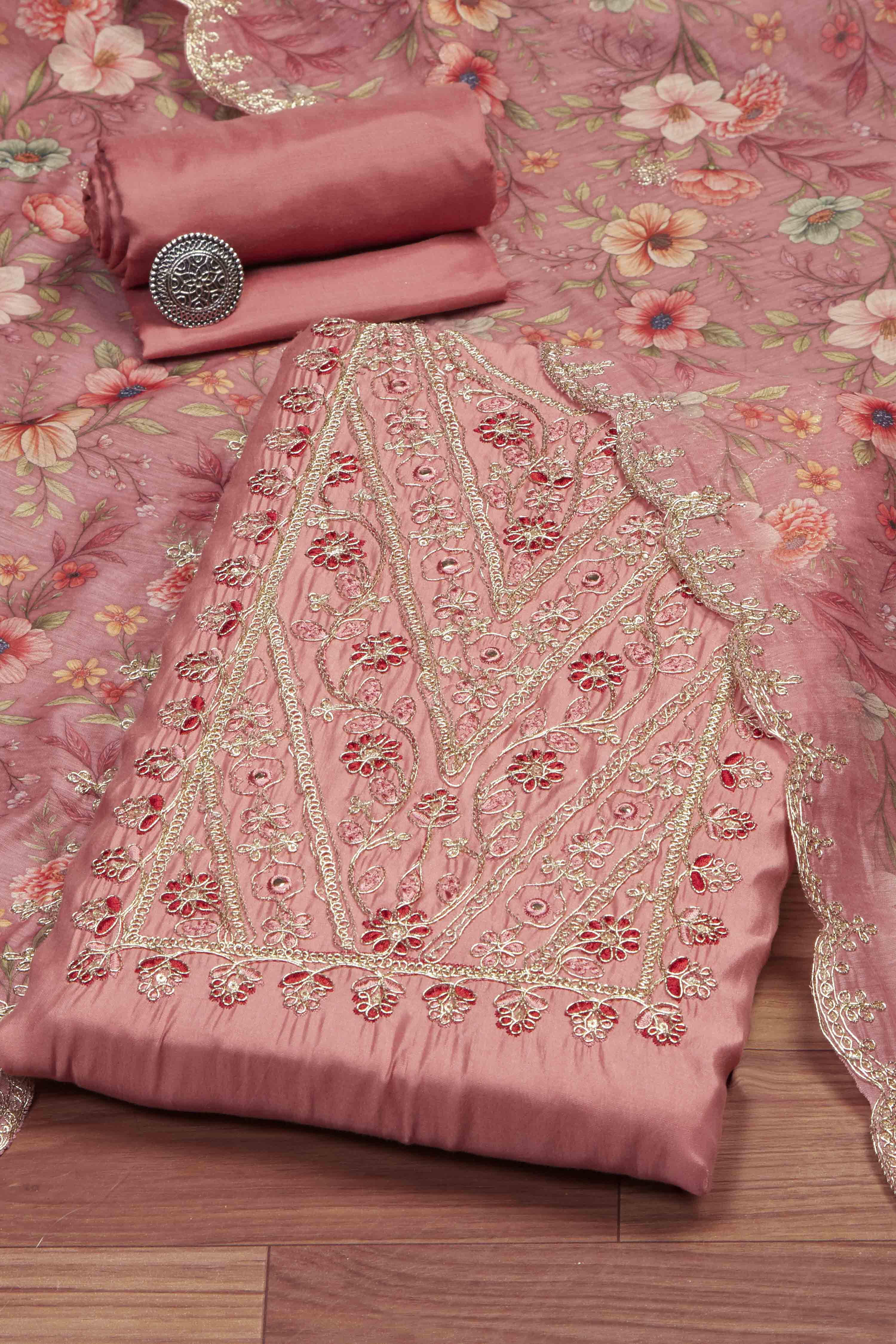 Teal Chanderi Unstitched Suit Set image number 0