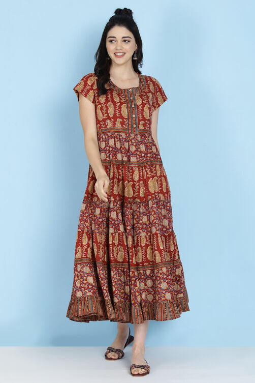 Rust Cotton Tiered Dress image number 2