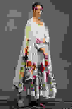 Rohit Bal Off-White Silk Chanderi Floral Anarkali Suit Set image number 5