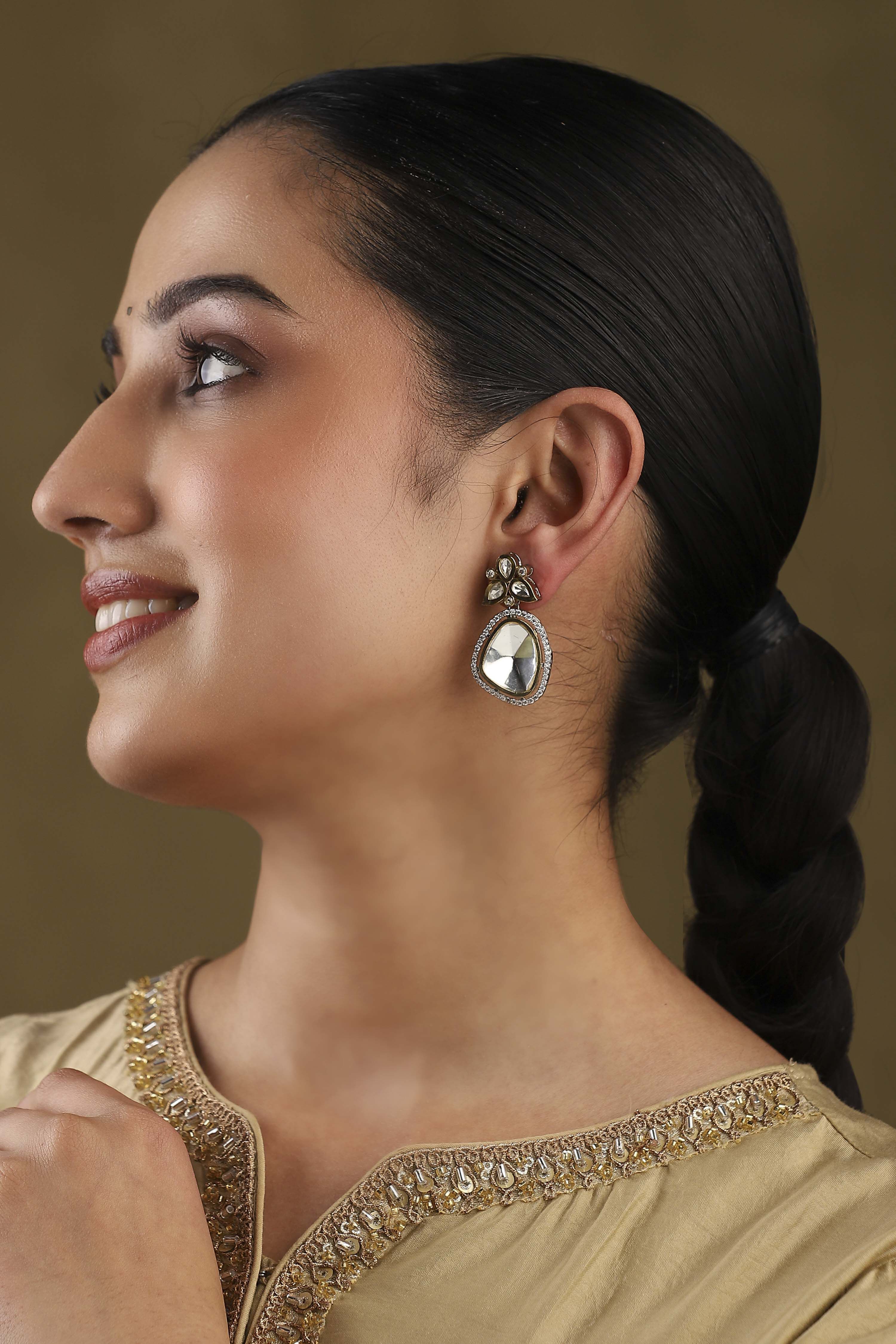White Silver Plated Brass Stone Studded Drop Earrings image number 3