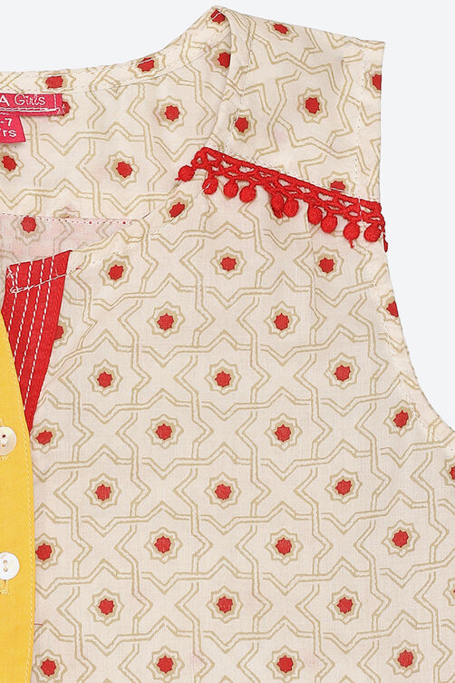 Off White Cotton Straight Kurta Skirt Suit Set image number 2
