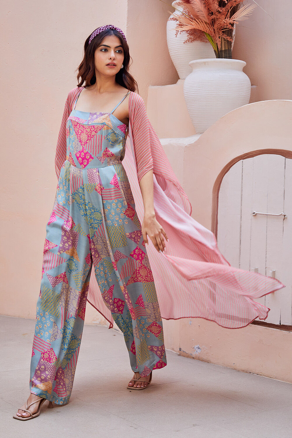 Blue Pink Printed Jumpsuit with Shrug