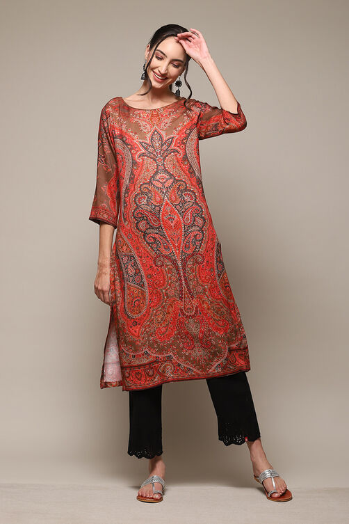 Beige LIVA Straight Printed Kurta image number 3