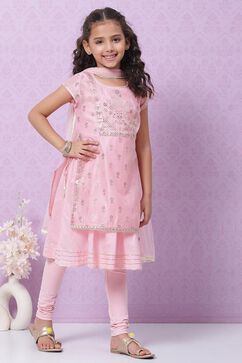 Pink Cotton Blend Flared Kurta Churidar Suit Set image number 8