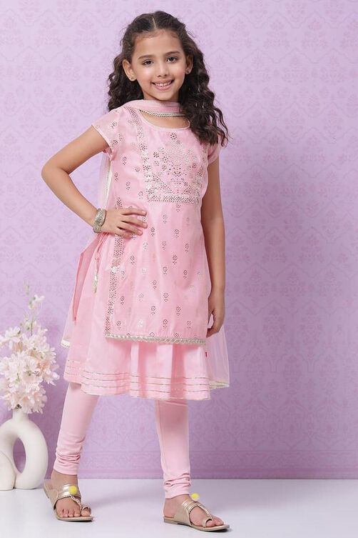 Pink Cotton Blend Flared Kurta Churidar Suit Set image number 8