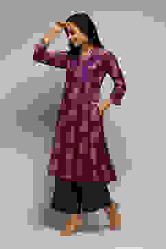 Voilet Polyester A-Line Printed Kurta Palazzo Suit Set image number 3