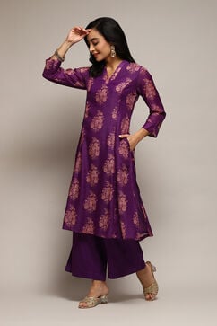 Voilet Polyester A-Line Printed Kurta Palazzo Suit Set image number 3