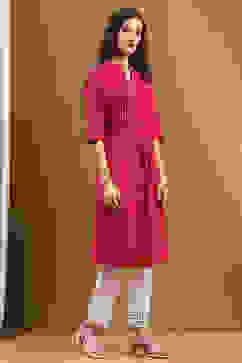 Pink Cotton Solid Pleated A-Line Kurta image number 4
