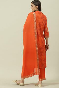 Saffron Printed Cotton Straight Kurta Palazzo Suit Set image number 4