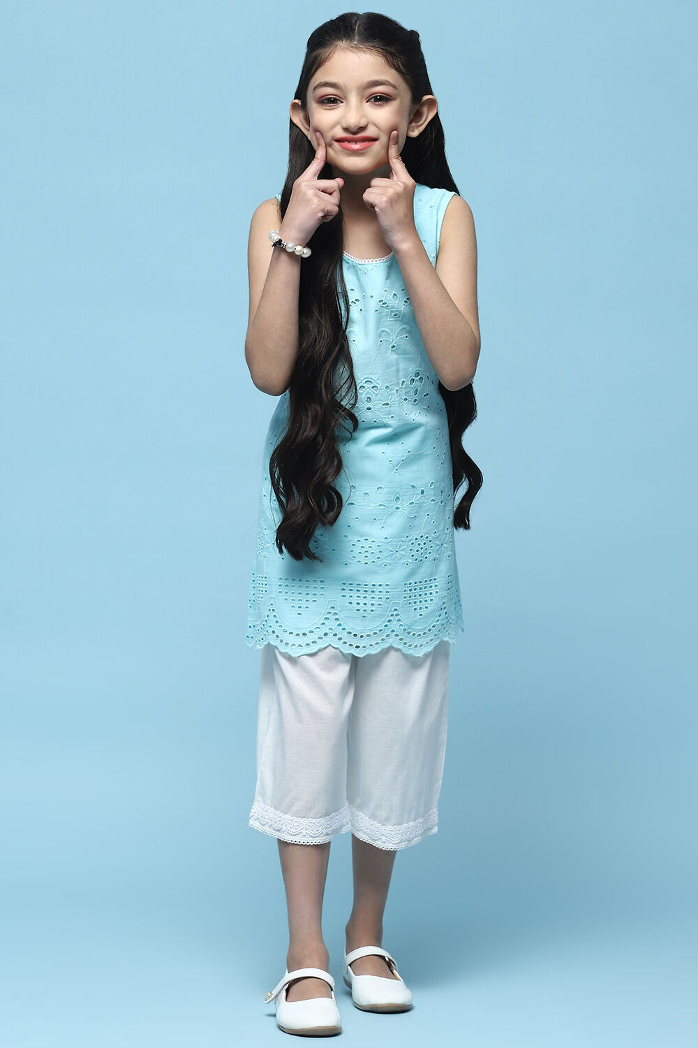 Sky Blue Schiffli Cotton Kurta & Palazzo image number 0