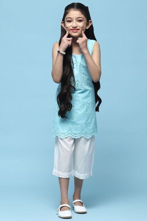 Yellow Schiffli Cotton Kurta & Cropped Palazzo image number 0