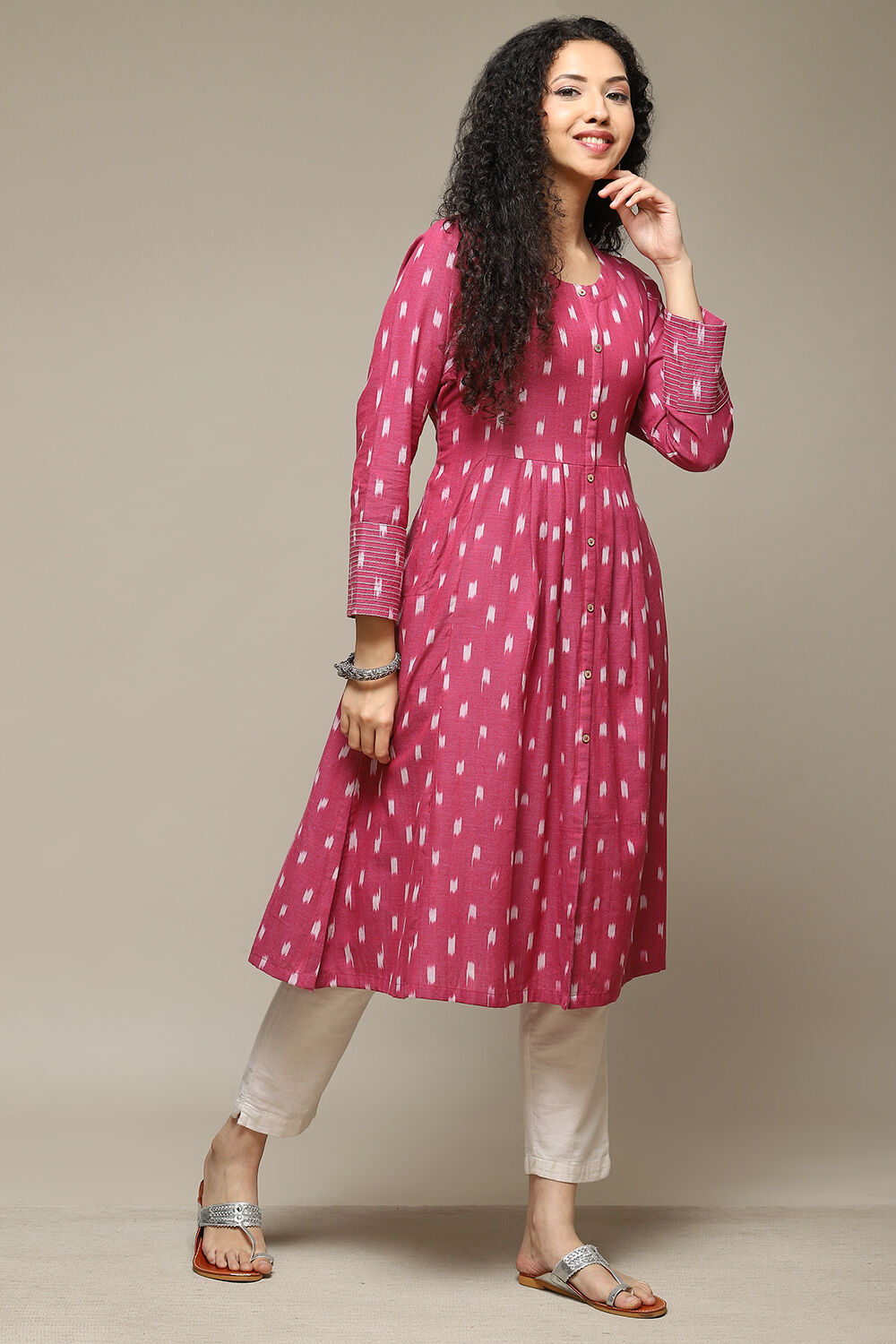 Pink Cotton IKAT Flared Yarndyed Kurta image number 0