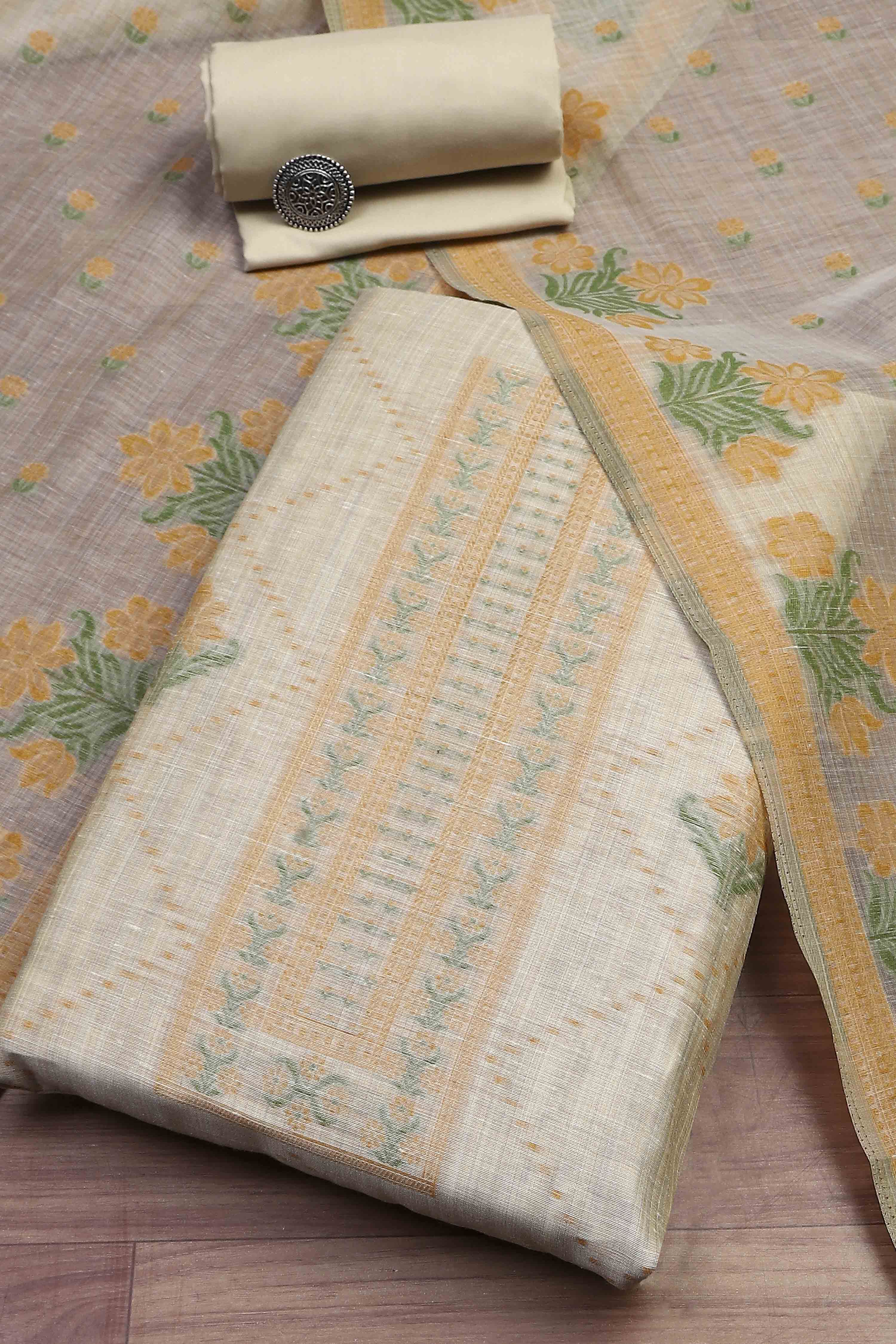 Yellow Cotton Attractive Floral Print Unstitched Suit Set image number 0