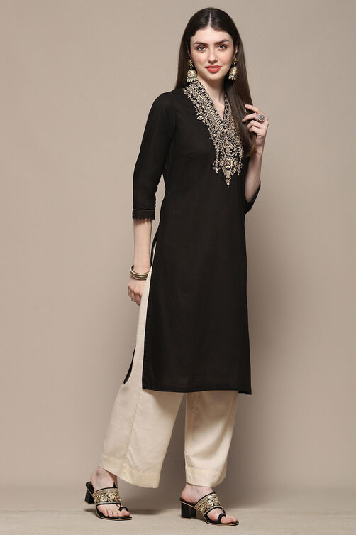 Black Cotton Straight Kurta image number 4