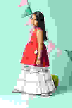 Red Cotton Gathered Kurta Sharara 2 Piece Set image number 3