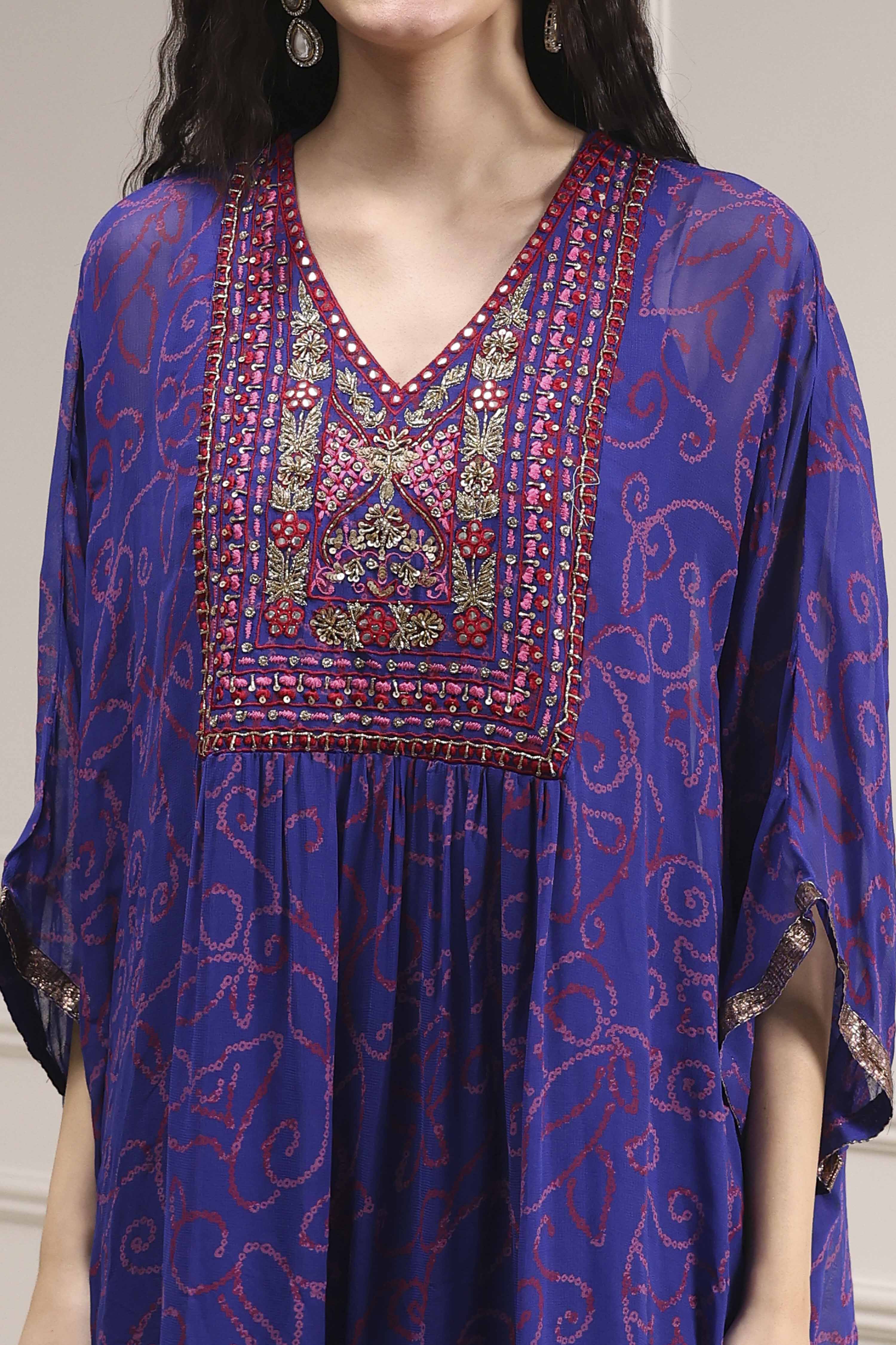 Purple Printed Kaftan Style Kurta Set image number 1