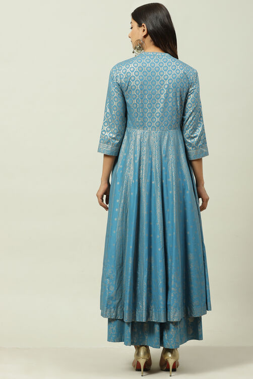 Blue Cotton Flared Fusion Printed Kurta Dress image number 4