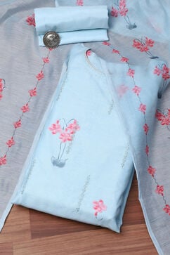 Light Blue Linen Machine Embroidered Unstitched Suit Set image number 9