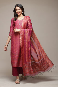 Fuschia Cotton Blend Straight Yarndyed Kurta Suit Set image number 0