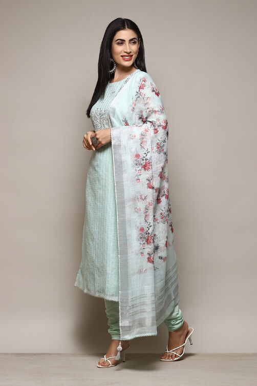 Teal Linen Hand Embroidered Unstitched Suit Set image number 6