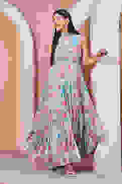 Grey Polyester Blend Anarkali Suit Set image number 0