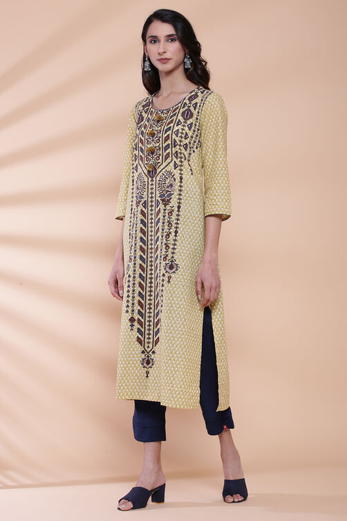 Blue Cotton Straight Printed Kurta image number 2