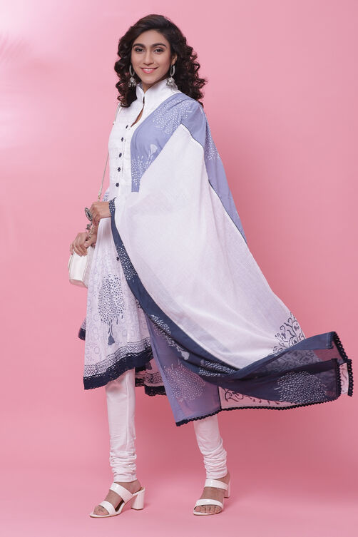 White & Blue Cotton Anarkali Kurta Churidar Suit Set image number 3