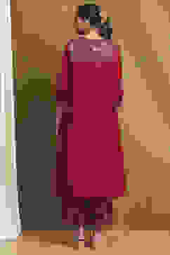 Red Silk Embroidered A-Line Suit Set image number 4