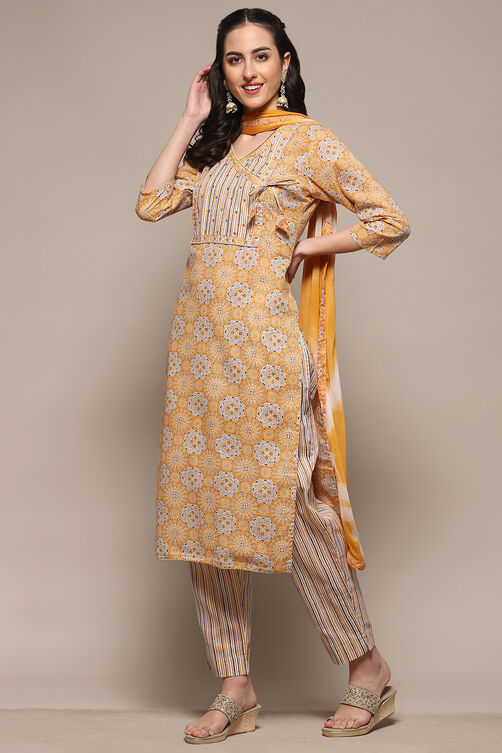 Yellow Cotton Blend Unstitched Suit Set image number 5