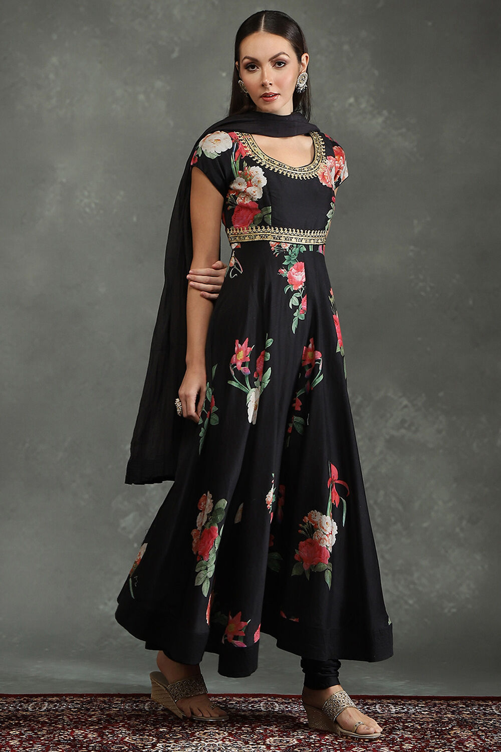 Black Silk Chanderi Floral Printed Anarkali Suit Set image number 5