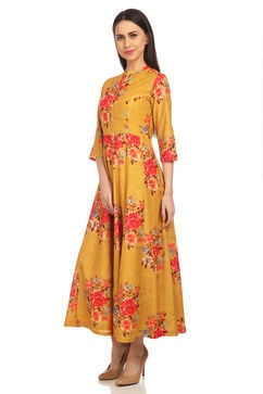Yellow Flared Art Silk Printed Dress image number 3