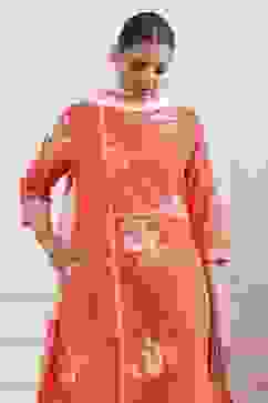 Orange and White Cotton Printed Straight Salwar Suit Set image number 1