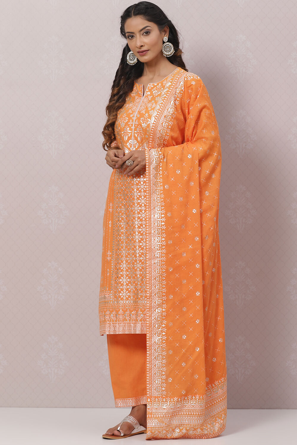 Orange Cotton Straight Kurta Palazzo Suit Set image number 5
