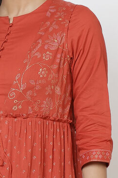 Rust Cotton Flared Printed Kurta image number 1