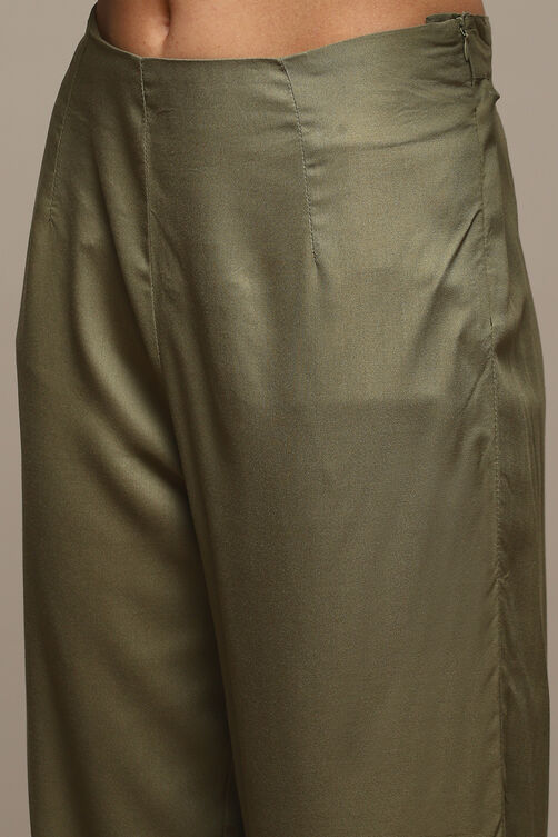 Earthy Green Viscose Straight Kurta Pants Suit Set image number 2