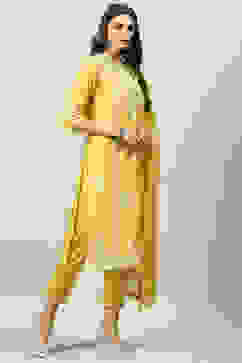 Yellow Cotton Blend Straight Kurta Slim Pants Suit Set image number 6