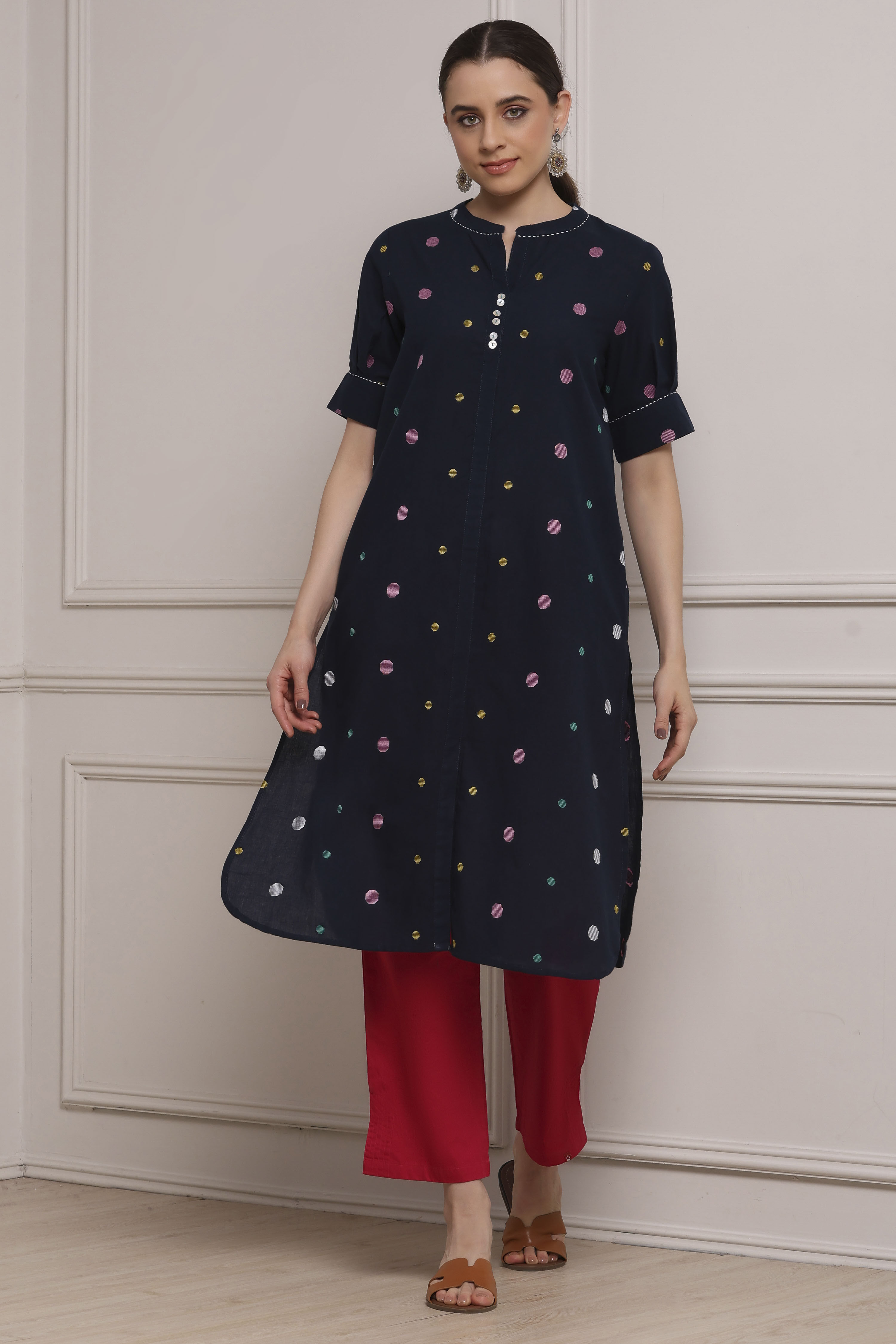 Navy Blue Cotton Printed Straight Kurta image number 0
