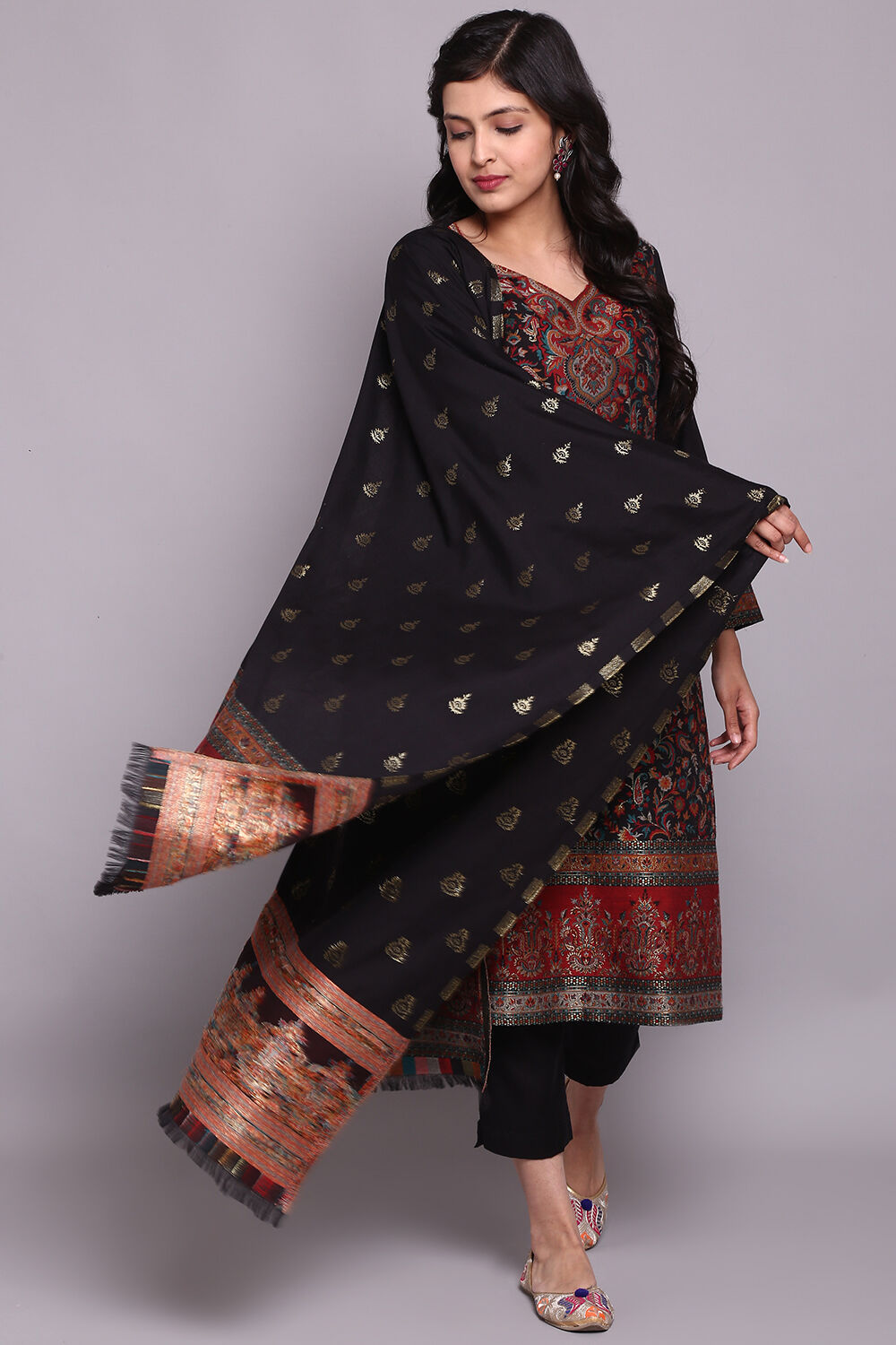 Black Woolen A Line Kurta Narrow Pants Suit Set