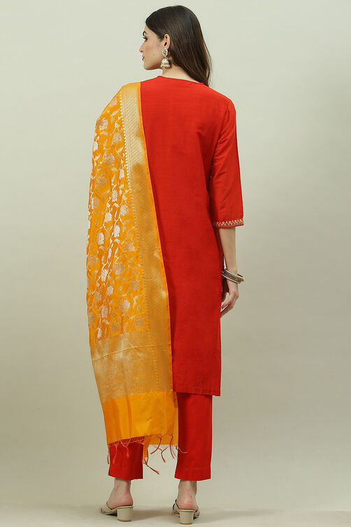 Terracotta Poly Cotton Straight Kurta Slim Pant Suit Set image number 4