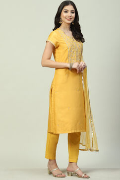 Mustard Art Silk Straight Kurta Slim Pants Suit Set image number 6