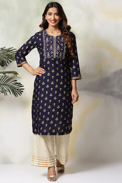 Navy Blue Rayon Straight Kurta Pants Set image number 0