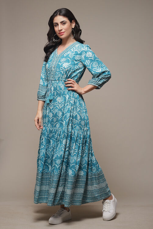 Turquoise Rayon Tiered Dress image number 3